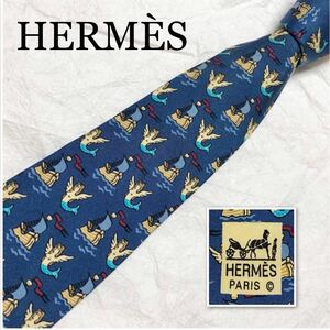 ■美品■希少デザイン■HERMES エルメス　ネクタイ　帆船と翼を持つ人魚　総柄　シルク100% フランス製　ブルー系