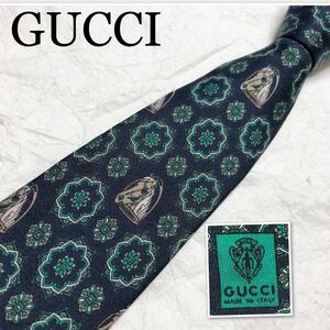 ■美品■GUCCI グッチ　ネクタイ　馬　ジュエリー　花柄　総柄　イタリア製　　ネイビー×グリーン