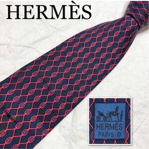 ■美品■HERMES エルメス　ネクタイ　編み込み　総柄　シルク100% フランス製　ブルー×レッド