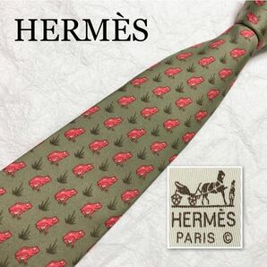 HERMES エルメス　ネクタイ　草原のカエル　総柄　シルク100% フランス製　グリーン