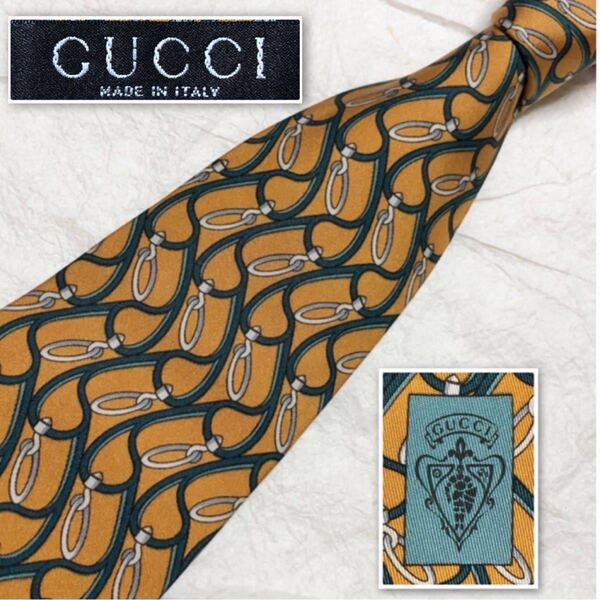 ■美品■GUCCI グッチ 金具 ストラップ 総柄 ネクタイ シルク100% イタリア製 青緑×カラシ