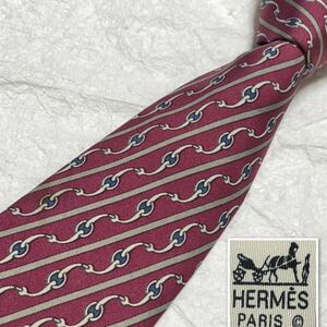 ■美品■HERMES エルメス　ネクタイ　レジメンタルストライプ　金具　総柄　シルク100% フランス製　ボルドー　ビジネス