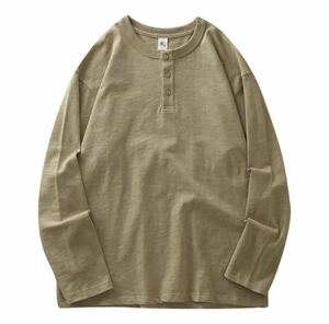 メンズ　コットン　ヘンリーネック　長袖Tシャツ　カジュアル　Khaki　Lサイズ