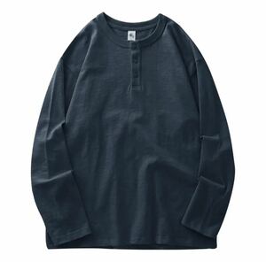 メンズ　コットン　ヘンリーネック　長袖Tシャツ　カジュアル　Navy blue　Lサイズ