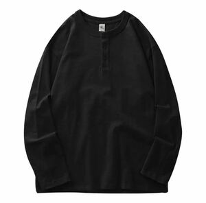 メンズ　コットン　ヘンリーネック　長袖Tシャツ　カジュアル　Black　XXLサイズ