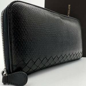 1円【極美品】BOTTEGA VENETA ボッテガヴェネタ 長財布 ラウンドファスナー イントレチャート カルング パイソン ヘビ革 ブラック レザー 