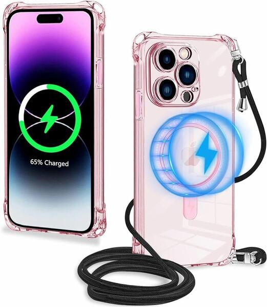 2311151☆ iPhone 15 Pro 用 ケース クリア ピンク MagSafe対応 ストラップ ショルダー マグネット搭載 ワイヤレス充電対応 磁気充電
