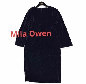 Mila Owenミラオーウェンネイビー紺色ベロア膝丈ワンピース