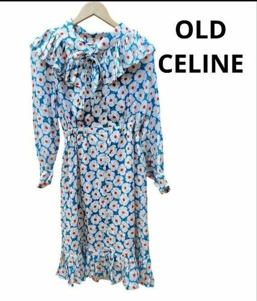 希少 OLD CELINE フラワー 総柄 つけ襟 ワンピース ドレス 花柄 ロング