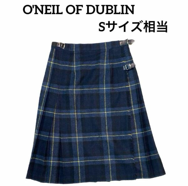O'NEIL OF DUBLIN オニールオブダブリン　ネイビー×イエロー　チェック柄　プリーツ巻スカート Sサイズ相当