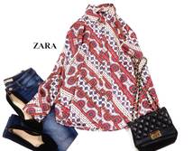 新品同様 ザラ ZARA 大人素敵☆総柄 スカーフ風プリント 微光沢 サテン とろみ シャツ L_画像1