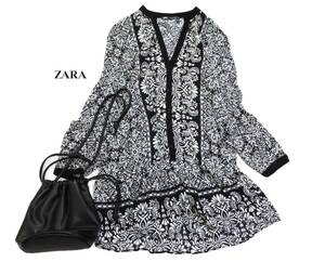 ザラ ZARA 大人素敵スタイル☆ リップル生地 総柄 裾切り替えフレア チュニックワンピース M