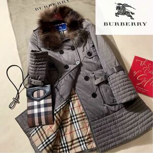 M25【リアルFOXファー!!】参考価格12万●BURBERRY LONDON BLUE LABEL●ダウン風トレンチコート　バーバリー　コート　レディース