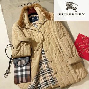 M24【エレガントラビットファー】定価14万●超美品級　BURBERRY LONDON●極暖ダウン風トレンチコート　バーバリーコート　レディース　40L