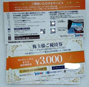 【即決 最新2024年8月31日 送料無料】 ビジョン 株主優待券 3000円 1枚 Wi-Fiレンタル 宿泊利用券 温泉旅館