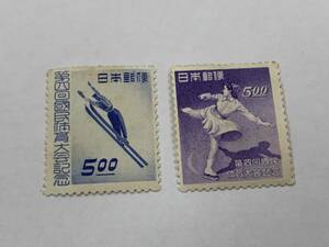 228、日本切手　記念切手　1949年　冬季　第4回国民体育大会　スケート・スキー　5円　2種