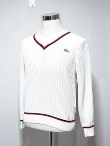 CHEMISE LACOSTE ラコステ ロゴ刺繍 縦柄 胸V ニットセーター 白