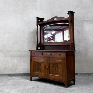 〓 UKビンテージ オーク材 ミラーバック サイドボード キャビネット Oak Mirror back Sideboard cabinet イギリス 英国 家具 ロイズ購入