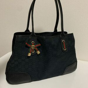 美品　GUCCI グッチ GGキャンバス ハンドバッグ トートバッグ シェリーライン　リボン　ブラック