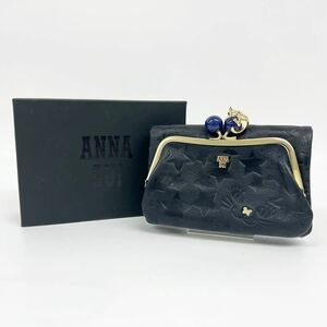 美品 ANNA SUI アナスイ 財布 折り財布 札入れ 小銭入れ がま口 レザー 革 ブラック 黒 ゴールド 金 猫 ネコ 星 スター 箱付き 折りたたみ