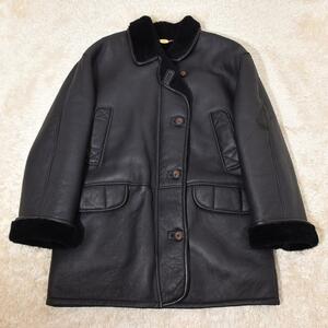 90s イタリア製 Shearling 羊革 表革 Wフェイス シアリング ムートン カーコート ムートンコート 毛皮 黒 ビンテージ ririジップ メンズ可