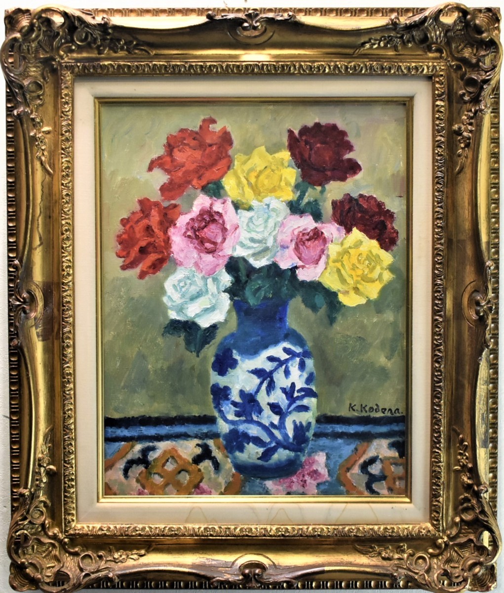 A rare oil painting by the late artist Kenkichi Kodera, No. 6 Roses in a French Vase [Masami Gallery], Painting, Oil painting, Still life