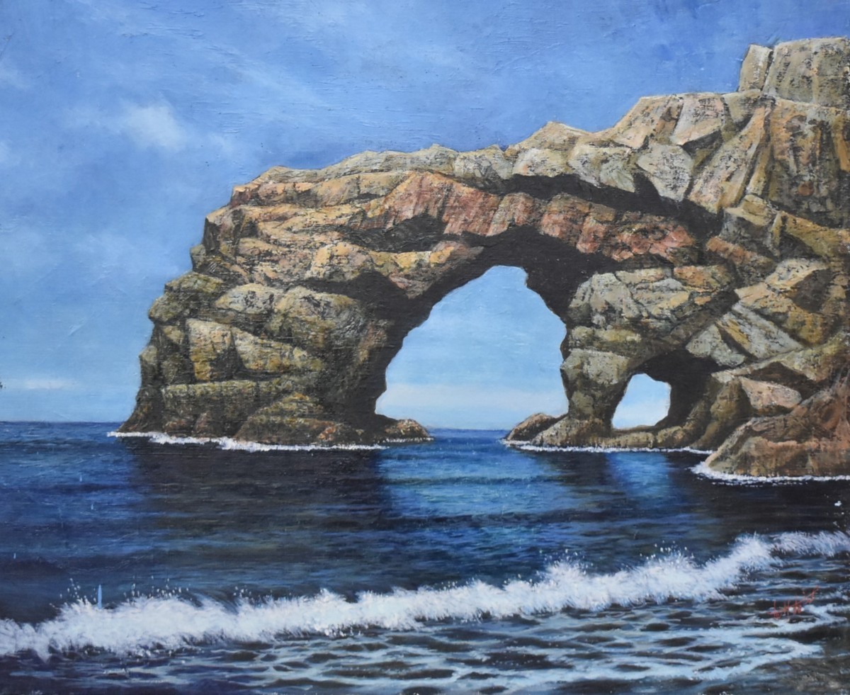 Une merveille de la mer, Une pièce intéressante qui représente avec force un gros rocher ressemblant à un dinosaure. Peinture à l'huile! Artiste inconnu, taille 15, Sortir de, encadré [Galerie Masami], Peinture, Peinture à l'huile, Nature, Peinture de paysage