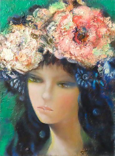 Работы современного популярного западного художника Ёсиаки Цуруока 8P Девушка с цветочным декором [Галерея Масамицу, 5000 экспонатов на выставке], рисование, картина маслом, портрет