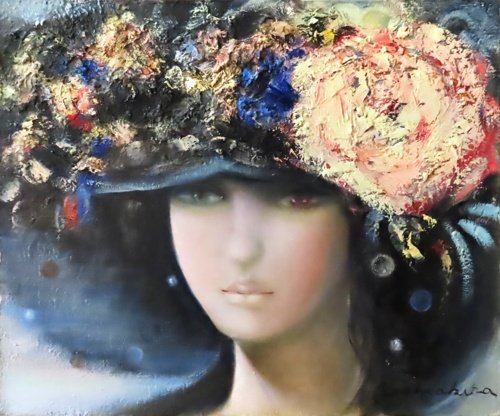 현대의 인기 서양화가 쓰루오카 요시아키의 8호 꽃모자 [마사미 갤러리, 5, 000개 전시], 그림, 오일 페인팅, 초상화