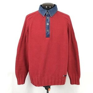 90s?/デンマーク製★ブルーウィリーズ/blue willi's★デニム襟/ポロシャツ型セーター【メンズM/赤/red】Tops/Shirts/Sweater◆pBH357