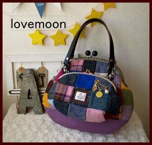 ハンドメイド*+.HARRIS TWEED:ハリスツイード:パッチ:帆布:本革持ち手:合体出来るがま口ショルダーポーチ付:ころんまんまるがま口バッグ