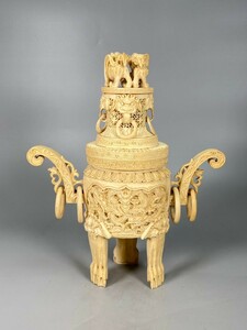  M0599 中国美術 古美術（ 如之作） 東洋雕刻 香炉 置物 時代物 高約 30cm 重約1142g D