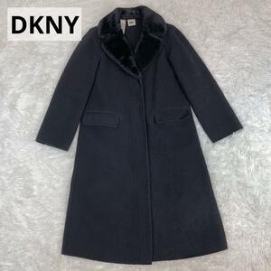 【2XL(3L)相当】美品 大きいサイズ DKNY ダナキャラン ニューヨーク アウター ロングコート ファーコート アンゴラ 比翼 毛皮