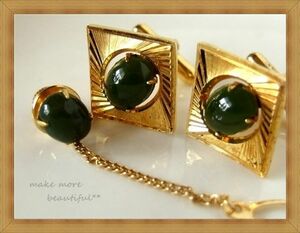 * material unknown ... exist deep Gree color stone * Classic . Gold color cuffs & necktie pin SET*164