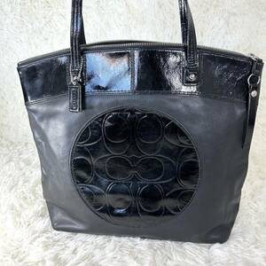 【希少】1円〜 COACH コーチ トートバッグ F18336 ブラック系 エナメル×レザー ラウラ お出かけ お買い物 COACH