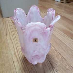 昭和 レトロ アンティーク 岩田ガラス 花瓶 花入 フラワーベース ピンク マーブル　0111-フジ-タツYa12