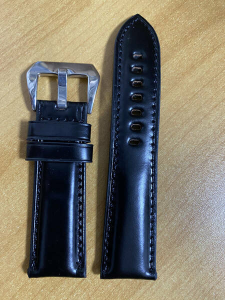 新品 時計ベルト コードバン ラグ幅24mm 24ｘ22mm 馬革 ハンドメイド 銀尾錠脱着可能 肉厚感 黒