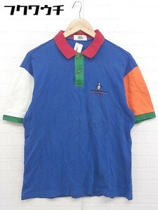 ◇ Munsingwear ワンポイント 鹿の子 半袖 ポロシャツ ゴルフウエア サイズ L ブルー レッド マルチ メンズ