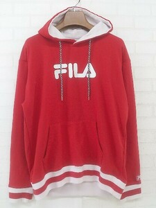 ◇ FILA フィラ ロゴプリント 長袖 プルオーバーパーカー サイズL レッド ホワイト メンズ P