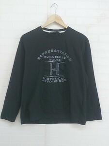 ◇ HIDEAWAYS BLACK?by NICOLE 21年 クルーネック プリント 長袖 Tシャツ カットソー サイズ48 ブラック メンズ P