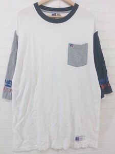 ◇ RUSSELL ATHLETIC デザイン プリント 半袖 Tシャツ カットソー サイズM ホワイト系 ネイビー マルチ メンズ P