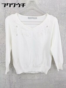 ◇ ef-de エフデ 装飾 刺繍 長袖 Vネック セーター サイズ9 ホワイト レディース
