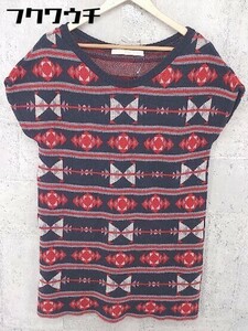 * Khaju car juSHIPS total pattern short sleeves Mini knitted One-piece navy series red lady's 