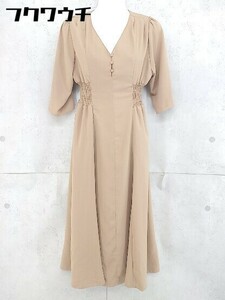 ◇ natural couture ナチュラルクチュール シャーリング Vネック 七分袖 ロング ワンピース ブラウン レディース