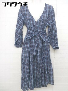 * * one after another NICE CLAUP waist ribbon attaching check long sleeve long One-piece size F blue lady's 