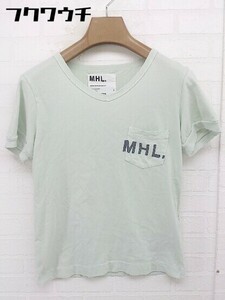 ◇ MHL. エムエイチエル Vネック 胸ポケット ロゴ プリント 半袖 Tシャツ カットソー サイズI グリーン レディース