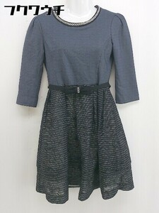 ◇ ◎ RUIRUE BOUTIQUE 装飾 ビジュー 切替 花柄 ボーダー 七分袖 ミニ ワンピース サイズ M ネイビー ブラック レディース