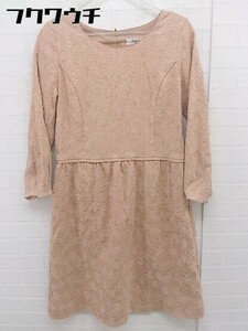 ◇ NATURAL BEAUTY BASIC 総刺繍柄 長袖 膝丈 ワンピース サイズL オレンジベージュ レディース