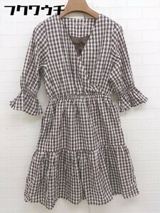 * NICE CLAUP Nice Claup check 7 minute sleeve knees height kashu cool One-piece size F Brown white lady's 