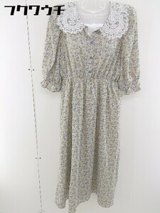 ◇ w closet 花柄 レースカラー 七分袖 膝下丈 ワンピース サイズ M ベージュ パープル マルチ レディース